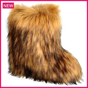 Women's Faux Fur Mid Calf Snow Boots Winter Warm Plush Non-Slip Flat Shoes